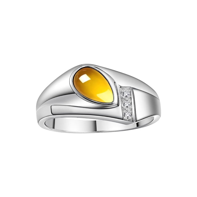 RYLOS Men's Rings 14K White Gold Ring - Timeless Pear Shape Cabochone Gemstone & Diamonds - Tear Drop Cabochon CITRINE Rings For Men Size 10
