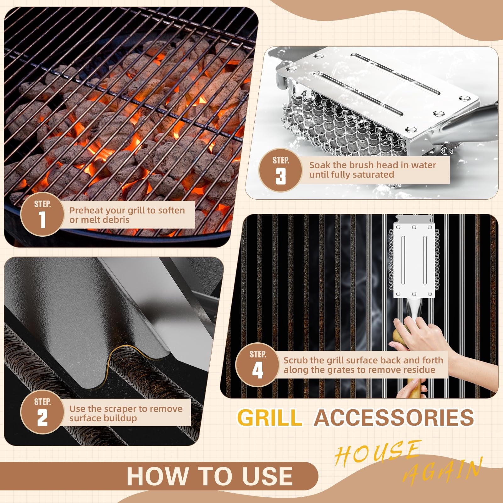 Rosaver Bristle-Free Grill Brush with Scraper, 3-in-1 BBQ Cleaner with Stainless Steel Mesh & Silicone Core, Detachable Head, Safe for Gas Charcoal Porcelain Grills