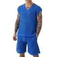thumbnail image 6 of Ceisia Men Mesh Knit Sleeveless V Neck Tank Top Matching Shorts Set Solid Slim Fit Two Piece Casual Daily Outfit Suit Blue M Gift, 6 of 8