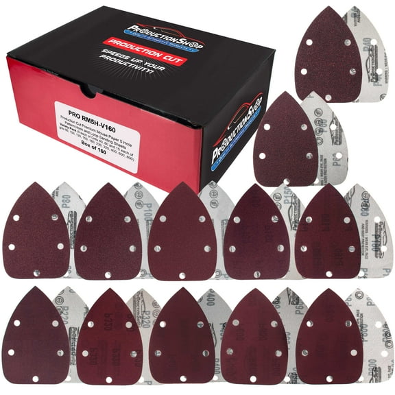 ProductionShop Premium 5-Hole Pattern Mouse Detail Sander Sandpaper Sheets, 160 Disc Variety Pack, Grits 40, 60, 80, 100, 120, 150, 180, 220, 320, 400, 600, 800 - Hook & Loop - Woodworking Furniture