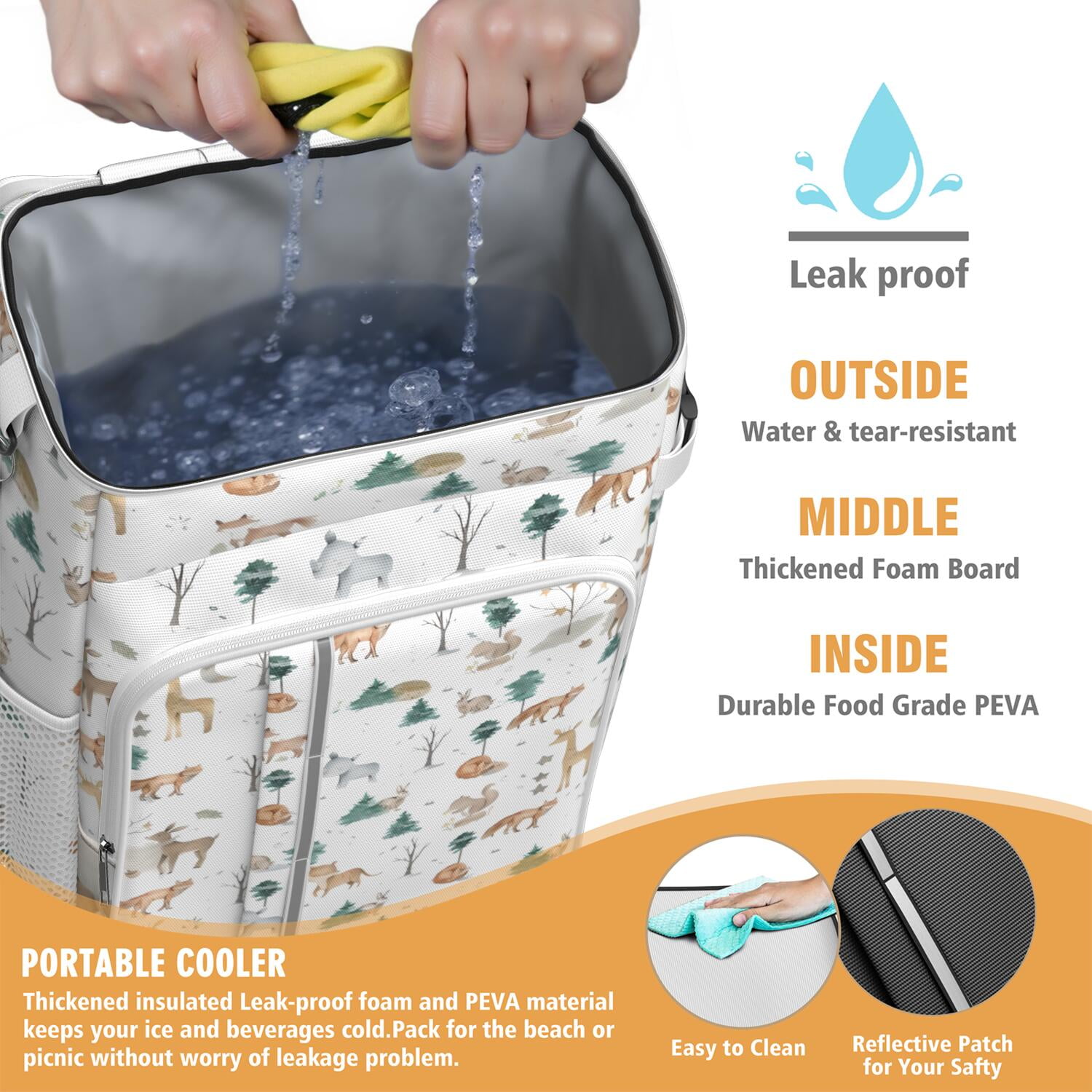 Travel Cooler Bag - White Christmas Forest Animal Pattern Camping Beer Cooler Backpack with Bottle Opener- Waterproof Insulated Picnic Backpacks - Cooler Bag for Beach