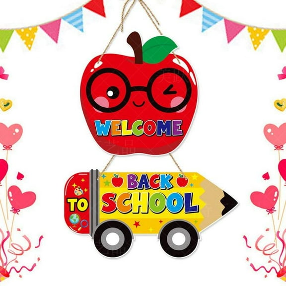 Welcome Back to School Door Hanger Classroom Schoolbus Door Sign with Pencil & Apple Design First Day of School Decorations for Pre School,Elementary and Middle School