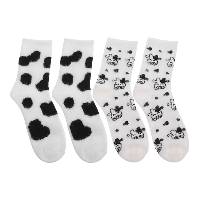 2 pares de calcetines delicados de vacas de dibujos animados, calcetines peludos para mujer, calcetines de felpa de tubo