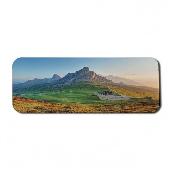 Rustic Computer Mouse Pad, Sunrise at Dolomites Mountains Greenland Hillside Houses Natural Life, Rectangle Non-Slip Rubber Mousepad Large, 31" x 12" Gaming Size, Fern Green Multicolor, by Ambesonne