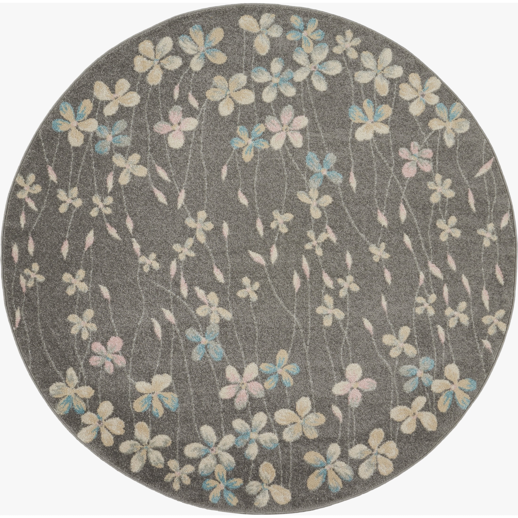 Nourison Tranquil Floral Grey/Beige 5'3" x ROUND Area Rug, (5 Round)