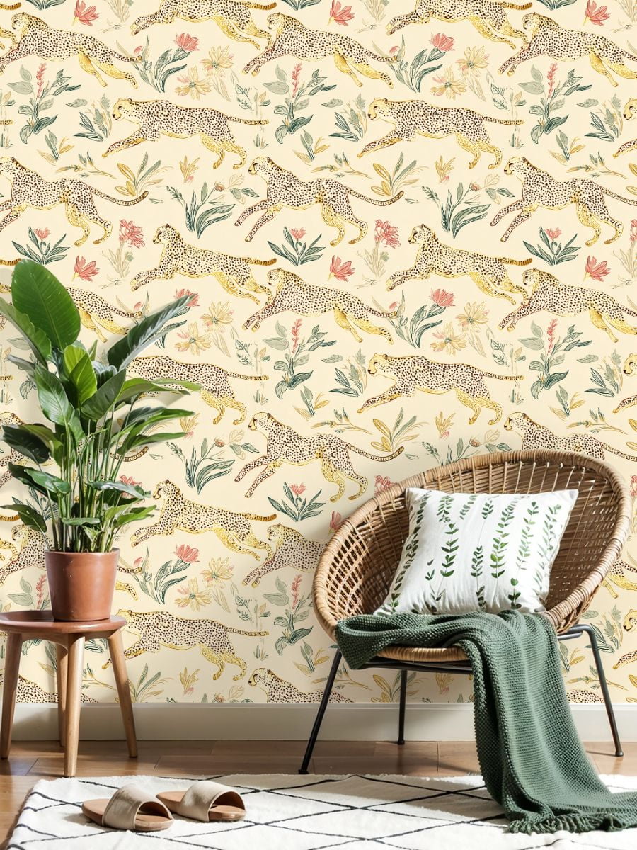 Cheetah Peel and Stick Wallpaper 17.7in x 9.8ft Seamless Cheetah Botanical Vintage Hand Drawn Style Contact Paper Vinyl Waterproof Self Adhesive Wall Paper for Bedroom Shelf Cabinet Renter Friendly