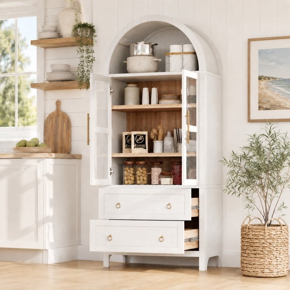 DEALTOPS Freestanding 71" Kitchen Pantry Cabinet with Arched Top, Adjustable Shelves and 2 Large Drawers, White