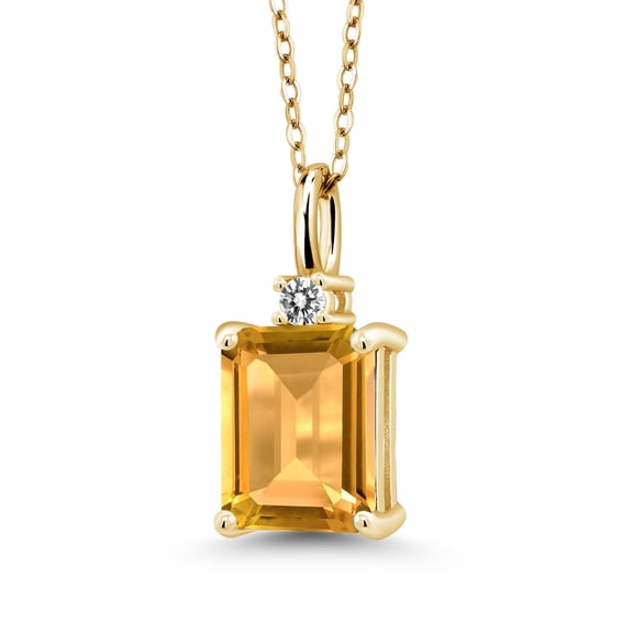 Gem Stone King 18K Yellow Gold Plated Silver Yellow Citrine and White Diamond Pendant Necklace for Women | 2.36 Cttw | Gemstone November Birthstone | Emerald Cut 9X7MM | With 18 inch Silver Chain