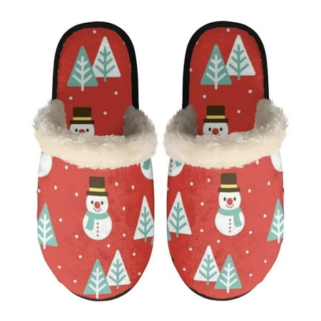 

Renewold Merry Christmas Fuzzy Fluffy Slippers Warm Cozy House Slippers Slip-On Indoor Outdoor Slippers Xmas Pine Snowman Shoes Size M
