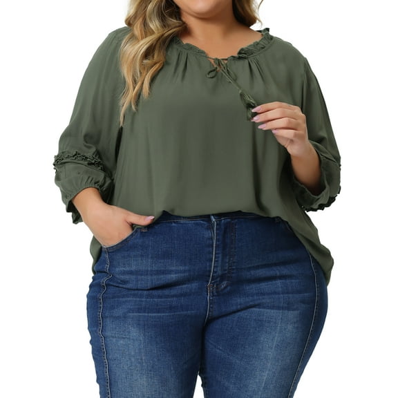 Agnes Orinda Women's Plus Size Tops Tassel Flutter Self Tie V Neck 3/4 Sleeve Blouses 2X Army Green
