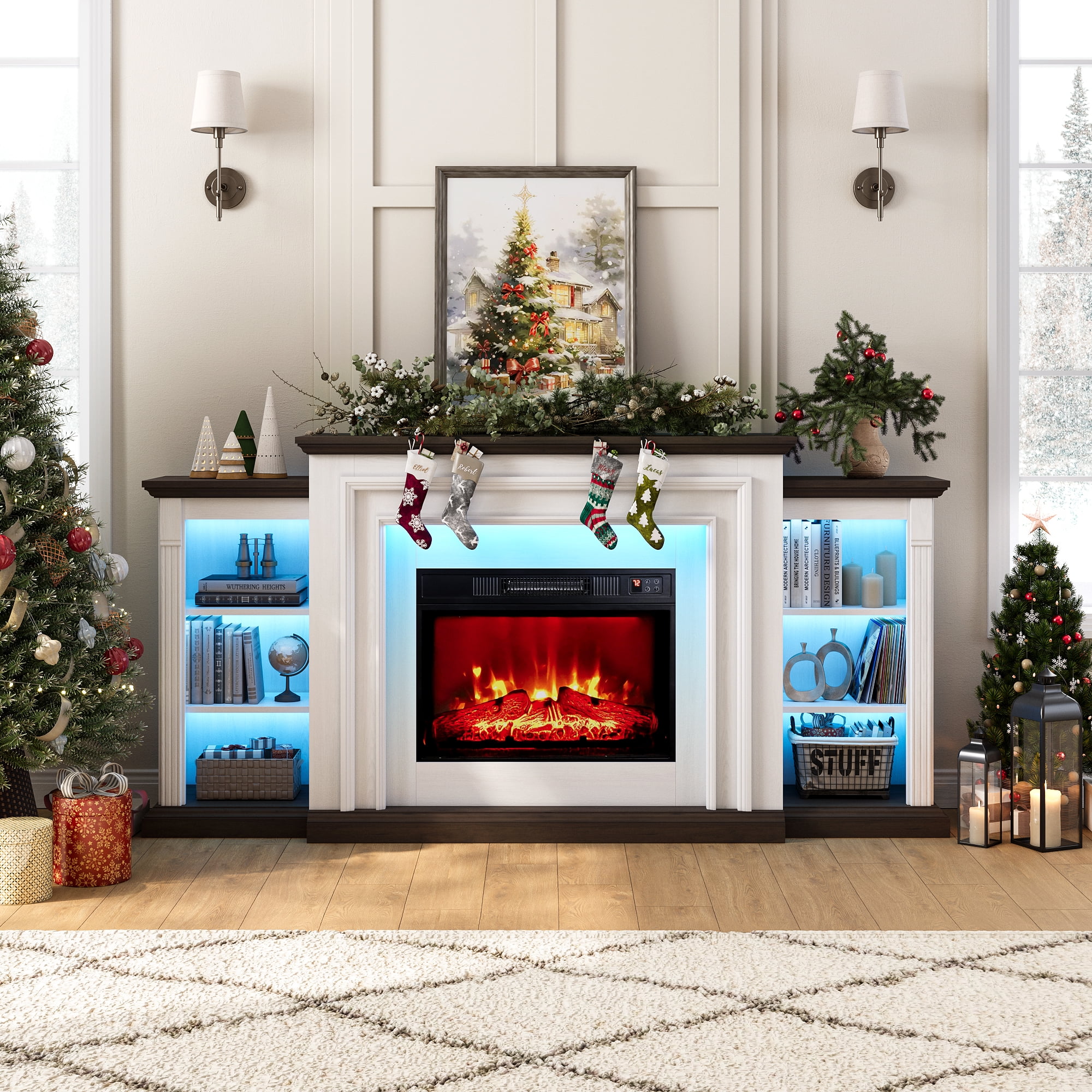 72" LED Electric Fireplace with Mantel, Fireplace TV Stand for 80 Inch TV, Modern Entertainment Center with Storage, Delicate Three-Dimensional Molding with Remote Control for Living Room