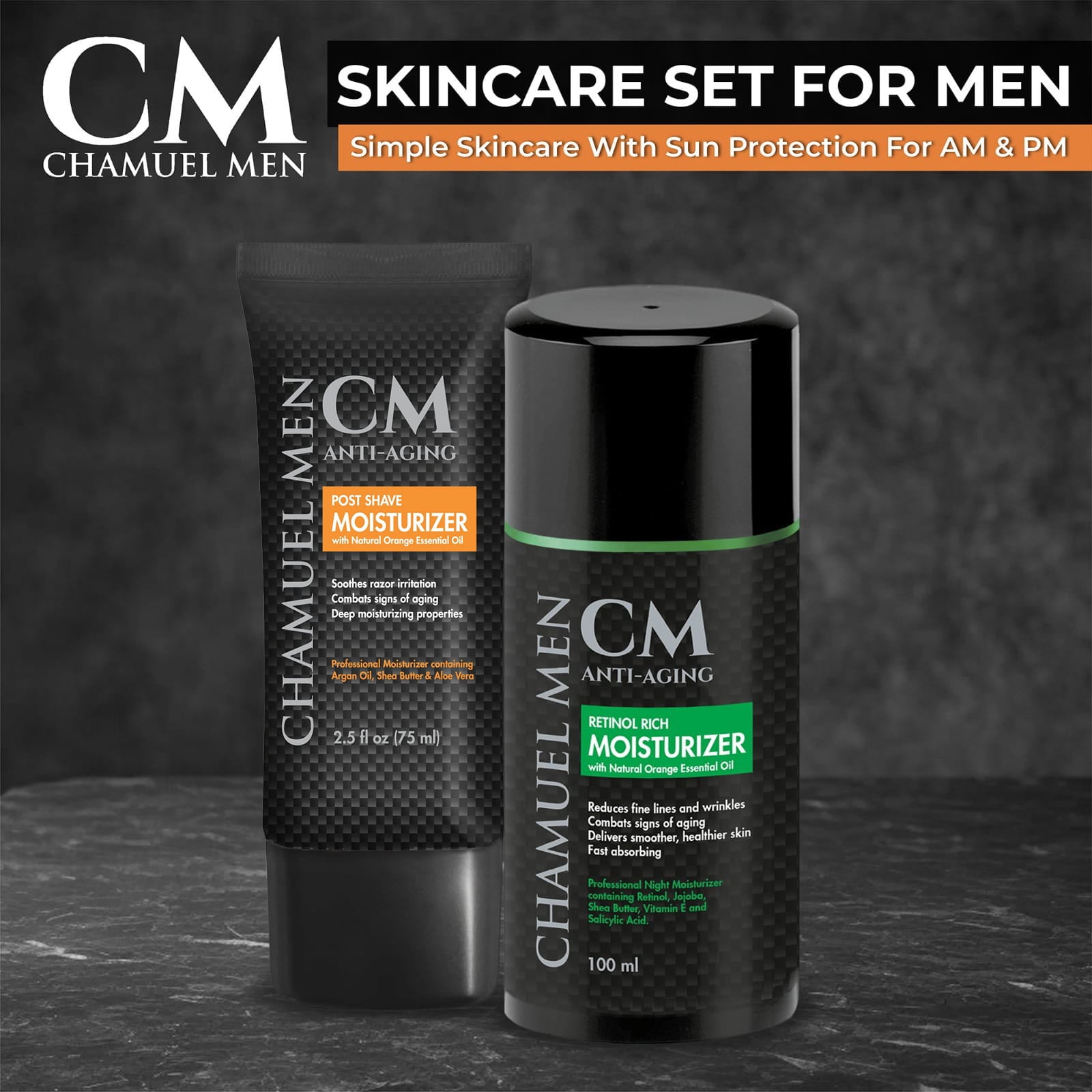 Chamuel Men 2-Piece Day and Night Skin Care Set Anti Aging Aftershave Lotion and Retinol-Rich Moisturizer