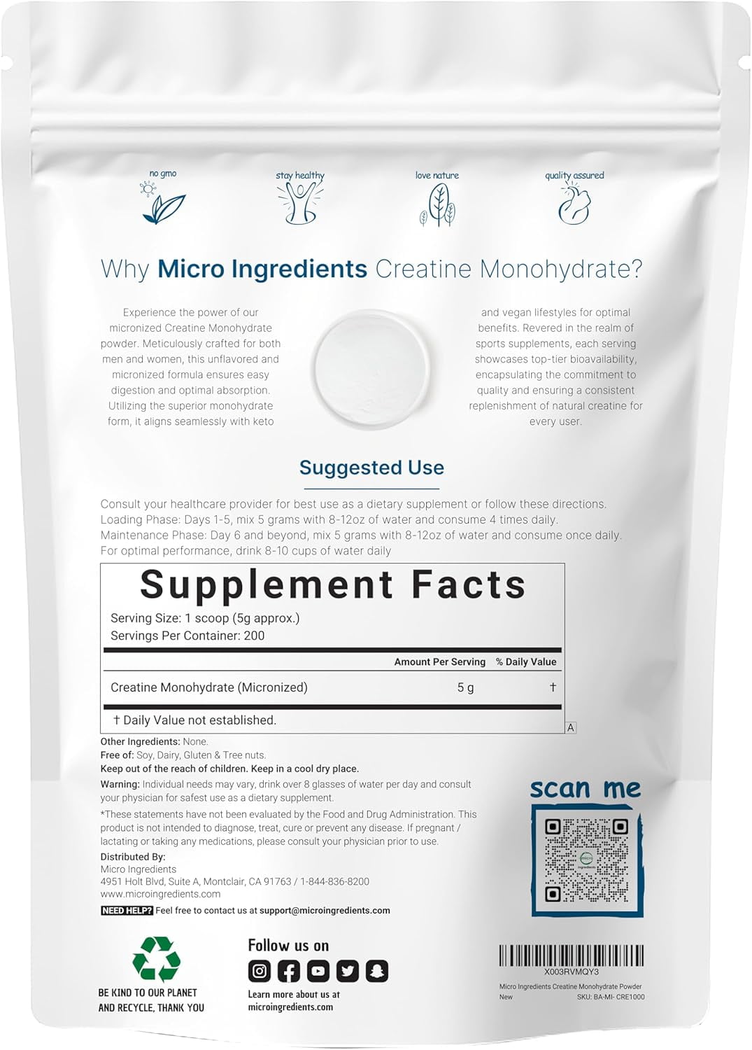 Creatine Monohydrate Powder 1 kg (2.2 Lbs),  5000mg Per Serv | Unflavored Micronized Creatine | No Filler, Keto & Vegan Friendly