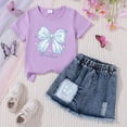 thumbnail image 2 of TOWED22 Girls 2-Piece Summer Set Crew Neck Bow Short Sleeve T-Shirt A-Line Jean Skirt Outfits Clothing Sets(C,2-3 Y), 2 of 3