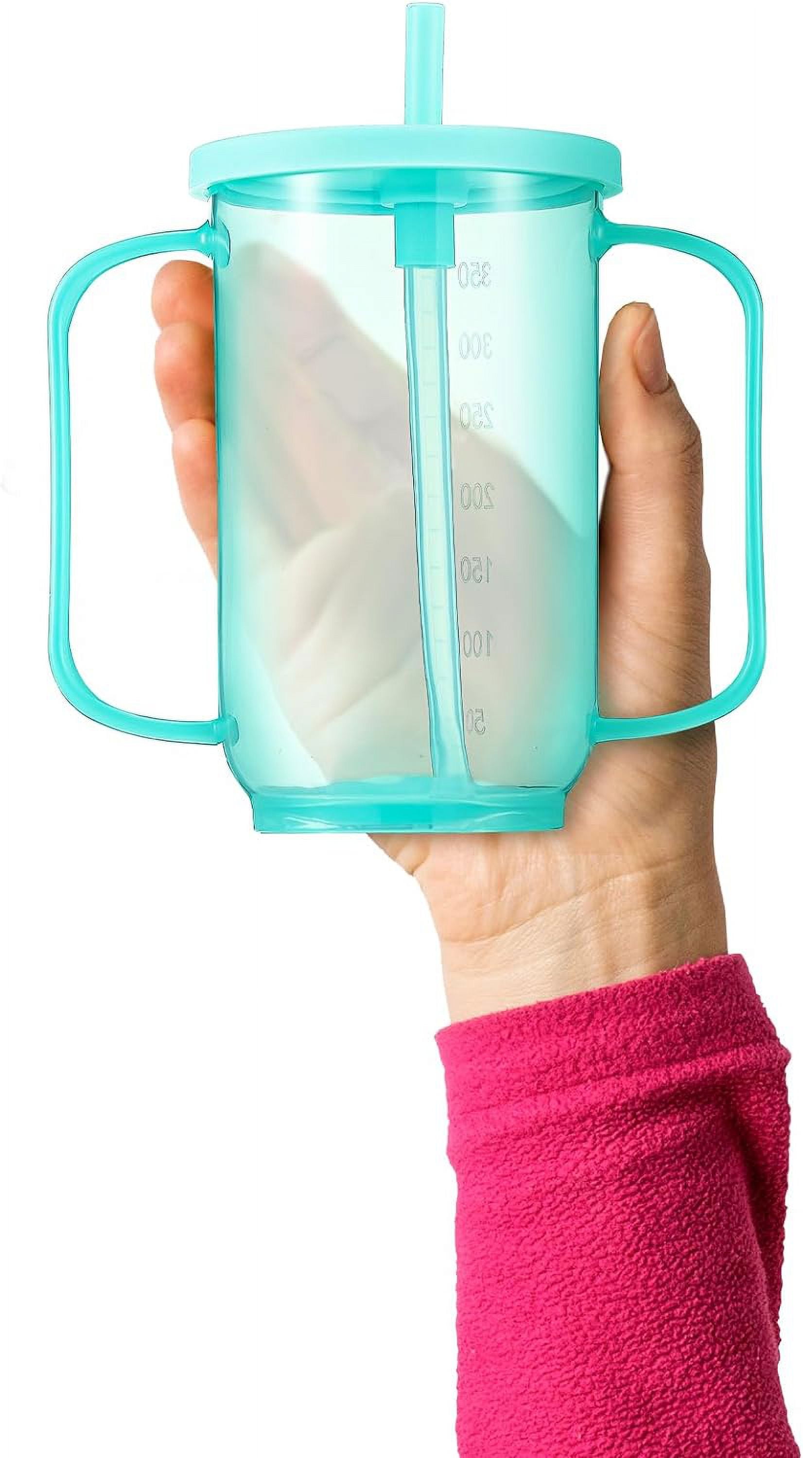 ABPETE Adult Sippy Cups for Elderly 12 oz Straw Sippy Cups with 2 Handles No Spill for Adults Spill Proof Dysphagia Cup for Disabled Patients(Turquoise)