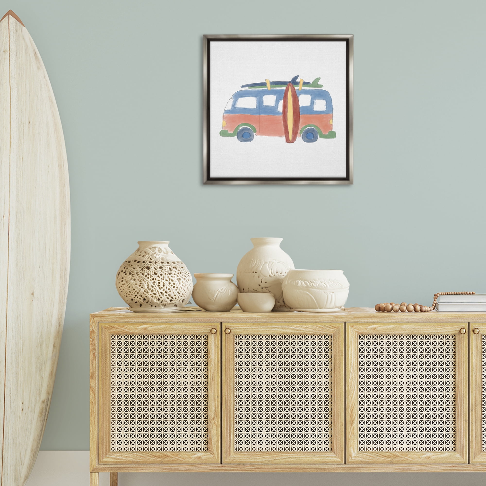 Stupell Industries Summer Beach Bus Transportation Painting Gray Floater Framed Canvas Art Print Wall Art, 25 x 25