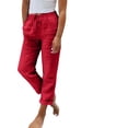 thumbnail image 2 of Linen Pants Women Petite Summer Casual Lightweight Drawstring Waist Pant Gauze Straight Leg Trouser with Pockets Red 2XL, 2 of 5