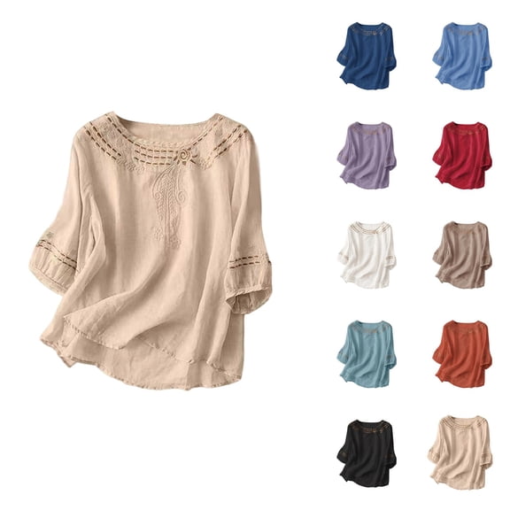 Vintage Embroidered T Shirts for Women 2026 Summer Casual Elbow Sleeve Cotton Linen Crewneck Lightweight Tee Shirt