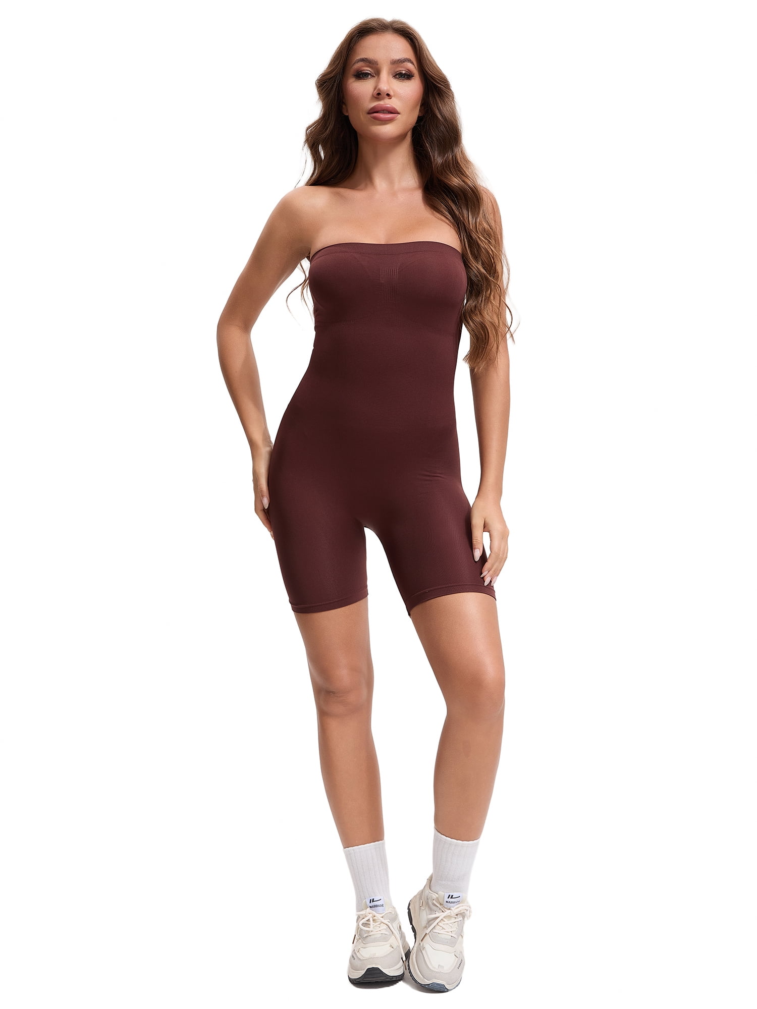DARING DIVA Women's Tube Top Shapewear Bodysuit Mid Thigh Jumpsuit XL Coffee