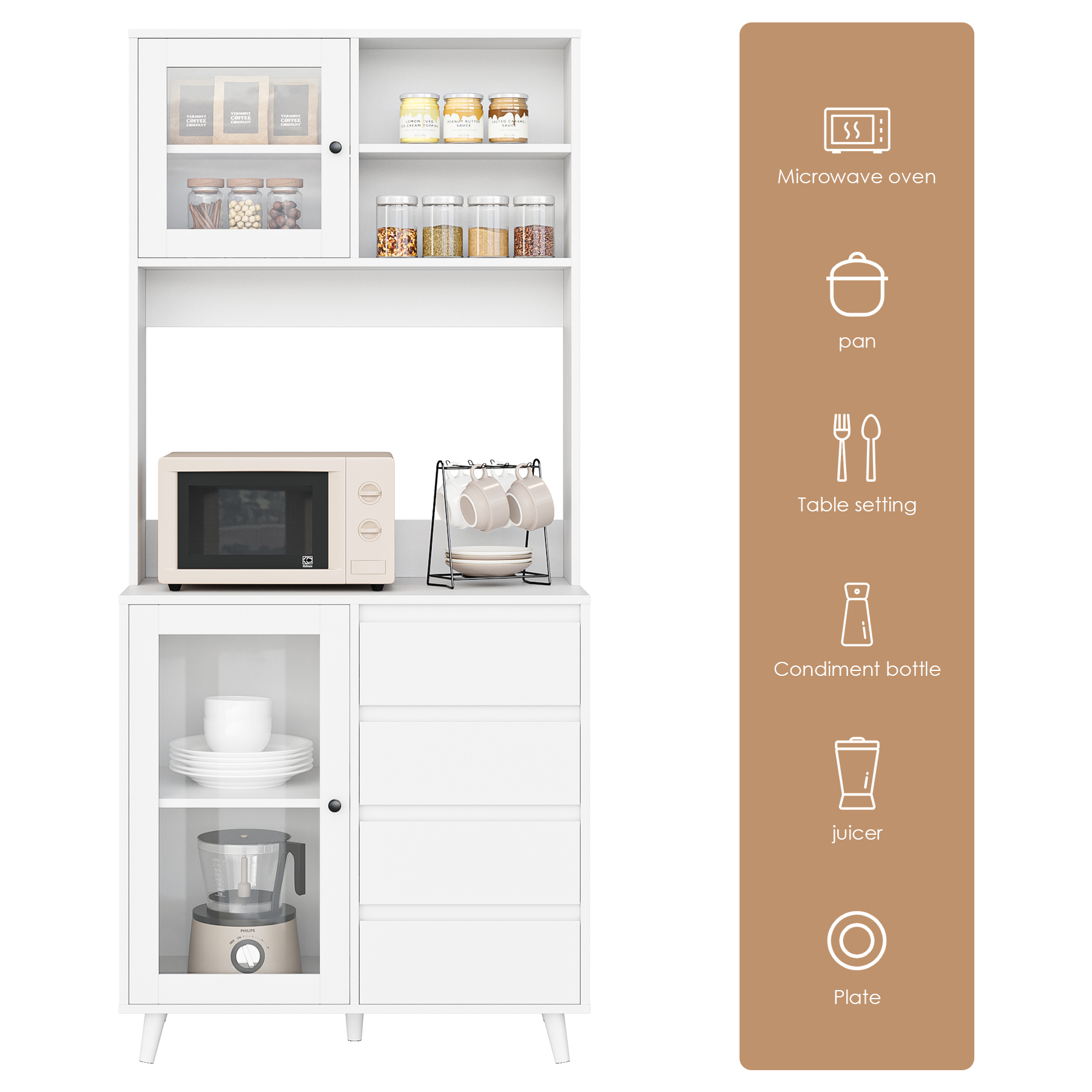 Homfa 70''H Pantry Storage Cabinet, Kitchen Hutch Cabinet with Tempered Glass Doors & 2 Adjustable Shelves, White