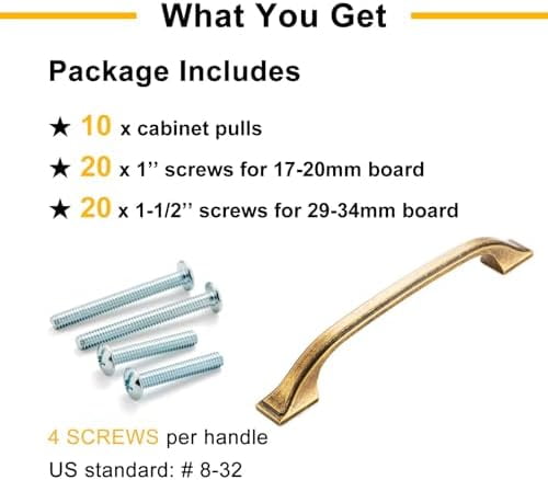 10 Pack Antique Brass Cabinet Pulls 3 Inch Vintage Brass Cabinet Handles Antique Brass Hardware for Kitchen Cabinets 8222 Drawers Bedroom Dresser Bathroom Vanity Cupboard