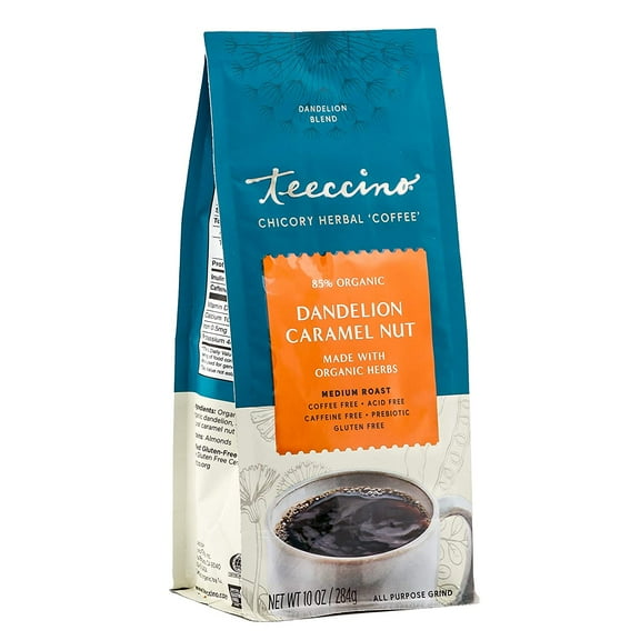 Teeccino Dandelion Caramel Nut Herbal Coffee - Coffee Alternative with Prebiotics, Medium Roast, 10 oz