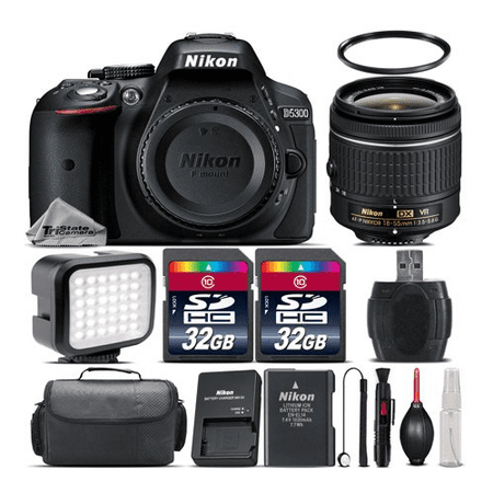 Nikon D5300 DSLR Camera in Black + Nikon 18-55mm f/3.5 - 5.6G VR AF-P DX Nikkor Lens + 64GB Storage + LED Kit + Case + UV Filter + Card Read - International (Best Uv Filter For Nikon D5300)