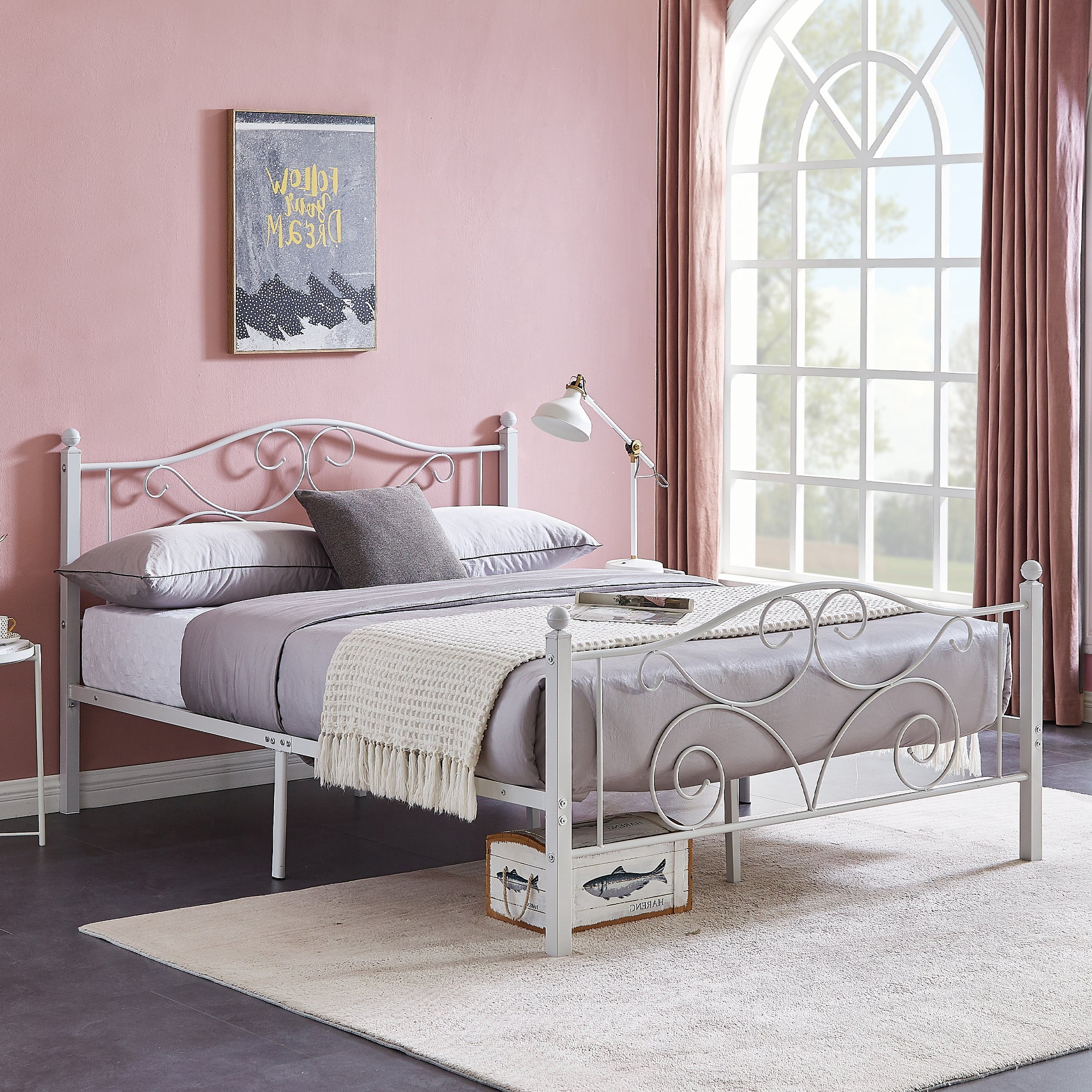 VECELO Queen Metal Bed Frame with Headboard & Footboard, Box Spring Replacement, Heavy Duty & Quick Assembly, White