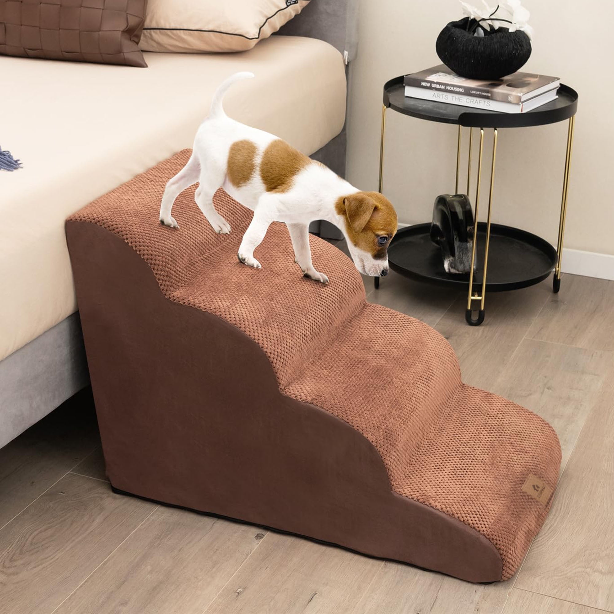 resenkos 28" Pet Stairs for Small Dogs, 4-Step Dog Ramp for Beds and Couch, Non-Slip Balanced Indoor Step, Brown