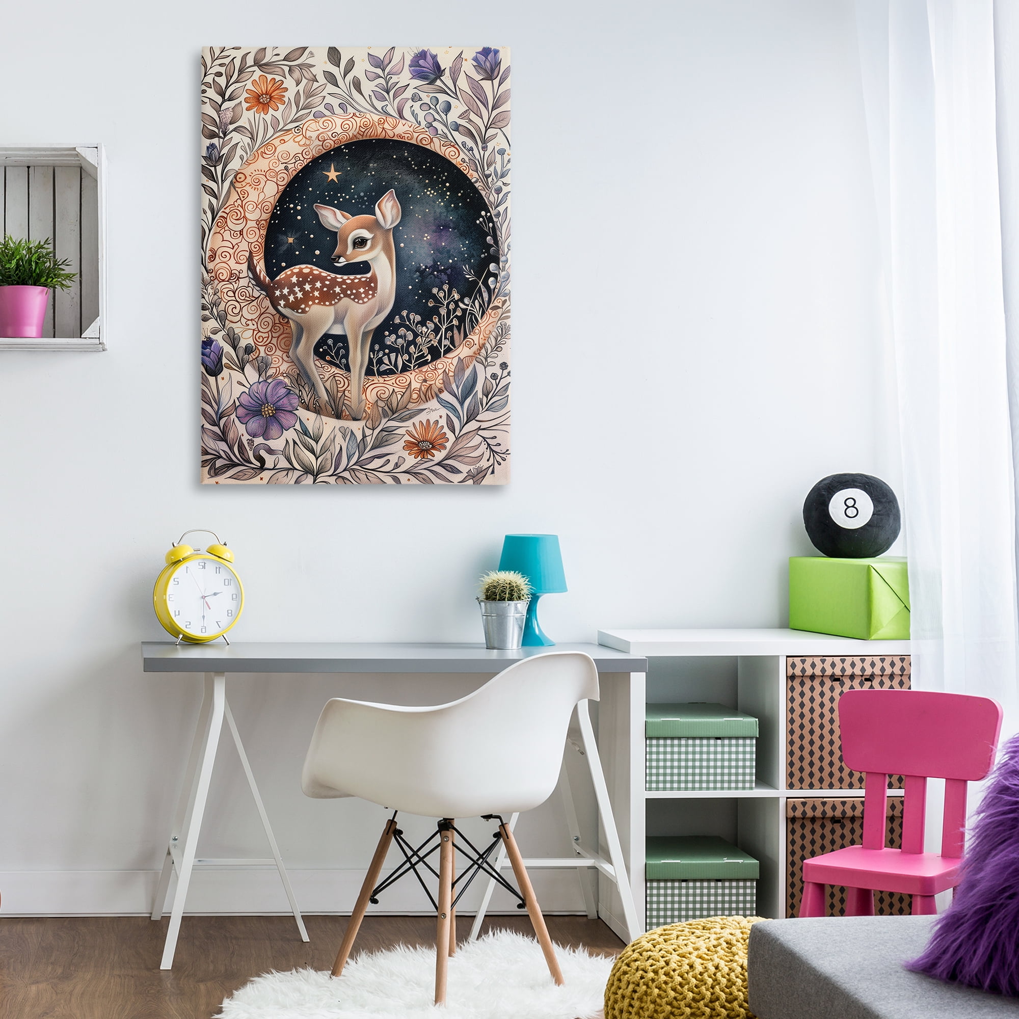 Stupell Industries Floral Fawn & Moon Animals & Insects Painting Gallery Wrapped Canvas Art Print Wall Art, 30 x 45