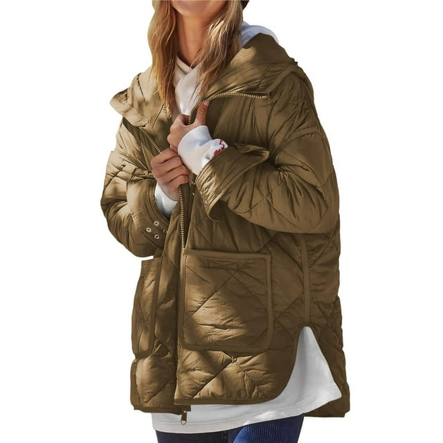 Chaqueta Acolchada para Mujer, con Capucha, Larga, Cremallera, Abrigo de Invierno, Chaquetas Cálidas con Bolsillos Marrón L