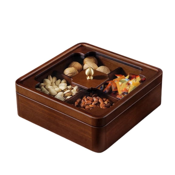 Multifunctional Dried Fruit Dishes with Lid, Divided Snack Tray 4 Compartments Wooden Divided Design, Snack Serving Tray Organizer for Candy, Nuts Snacks