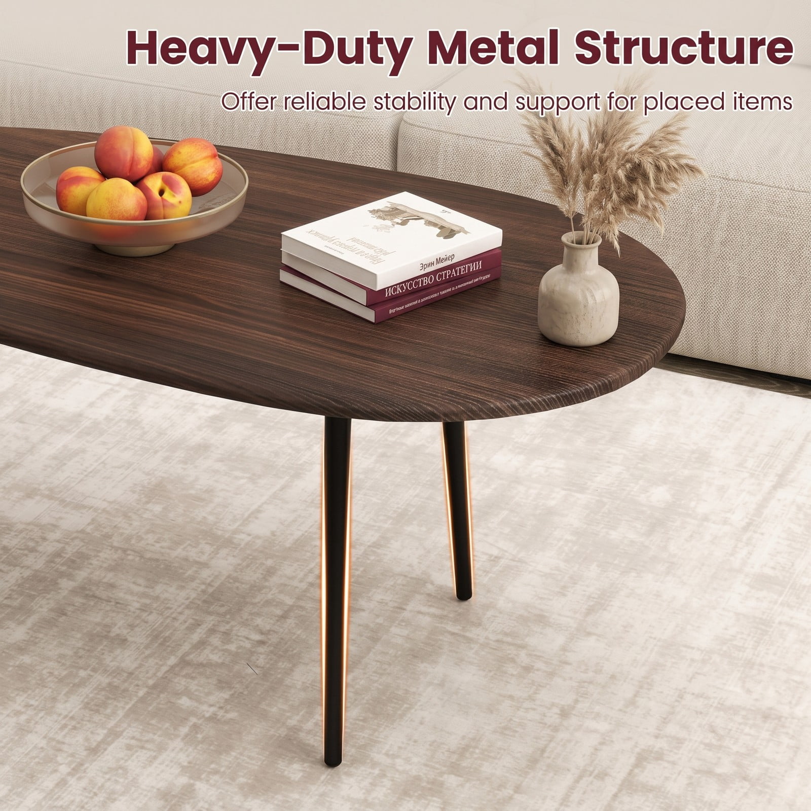 Furnibear Oval Coffee Table Mid Century Center Table with Sturdy Metal Frame, Open Storage Shelf & Adjustable Foot Pads for Living Room, Hallway & Lounge, Walnut