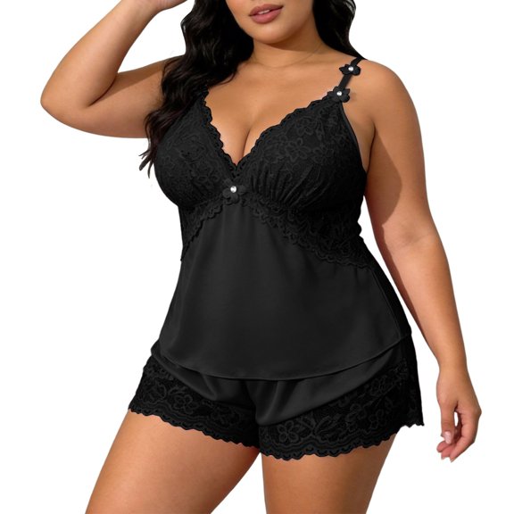 Fengactive Womens Plus Size Lace Satin Set Double Strap V Neck Top and Lace Hem Shorts Sleepwear