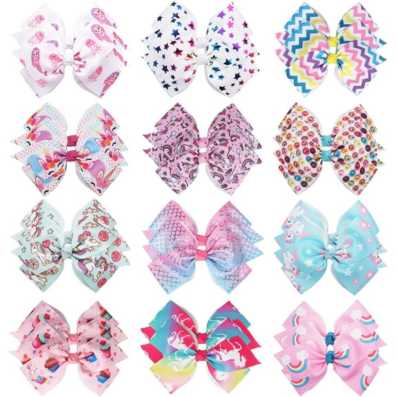 24PCS 4.5Inch Bows for Girls Boutique Grosgrain Ribbon Rainbow Hair Bow Alligator Hair Clips Pigtail Bows Unicorn Hair Clips for Baby Girls Toddler Kids Children Teens in Pairs