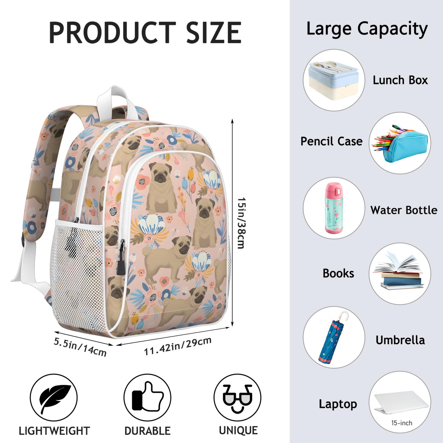 Bulldog Dog and Flower Florals Backpack for School,Cute School Bag,Schoolbag with Adjustable Shoulder Straps & Padded Back,15"x11.42"x5.5"