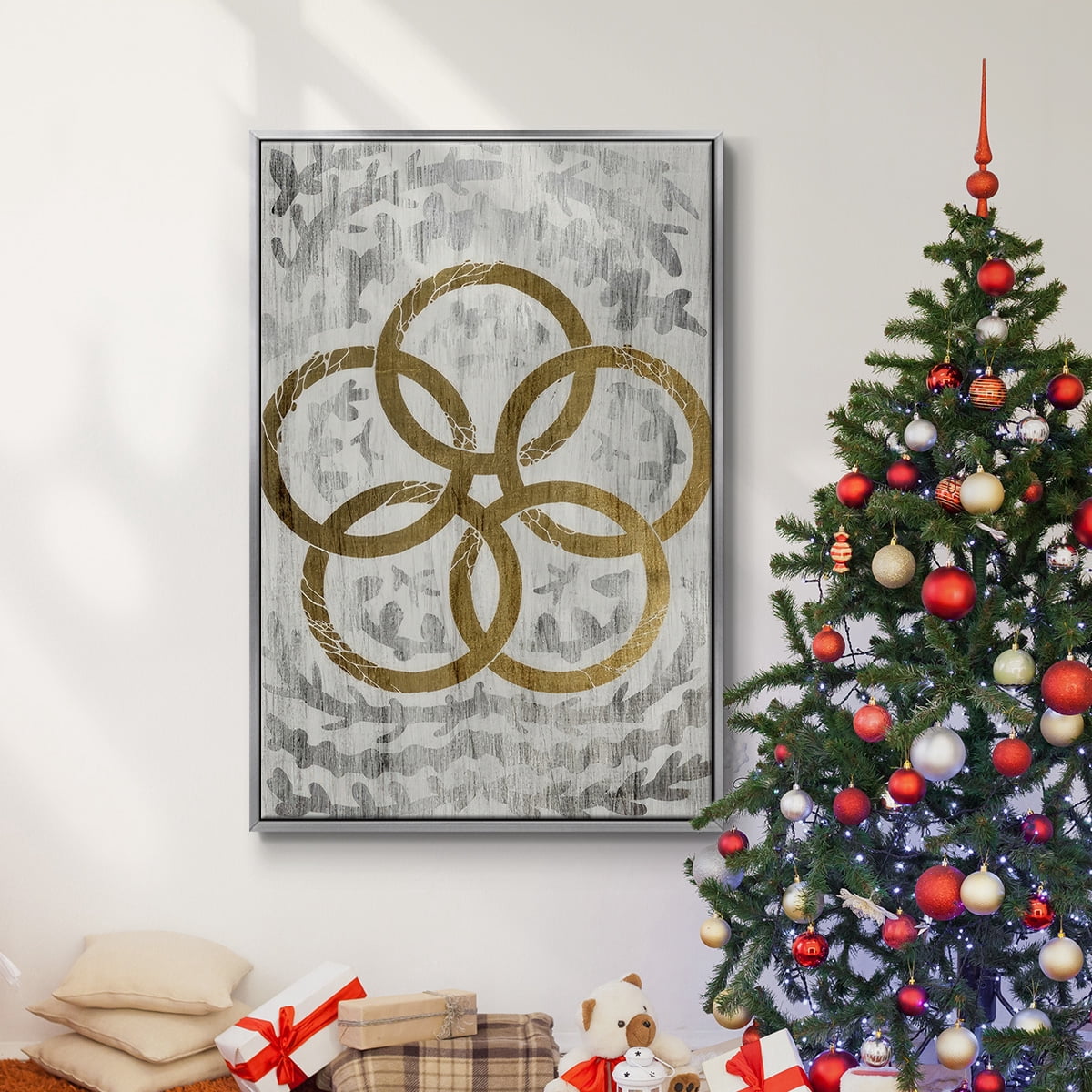 Five Golden Rings - Gold Leaf Holiday - Framed Gallery Wrapped Holiday Canvas - 17 x 25 - Silver Frame