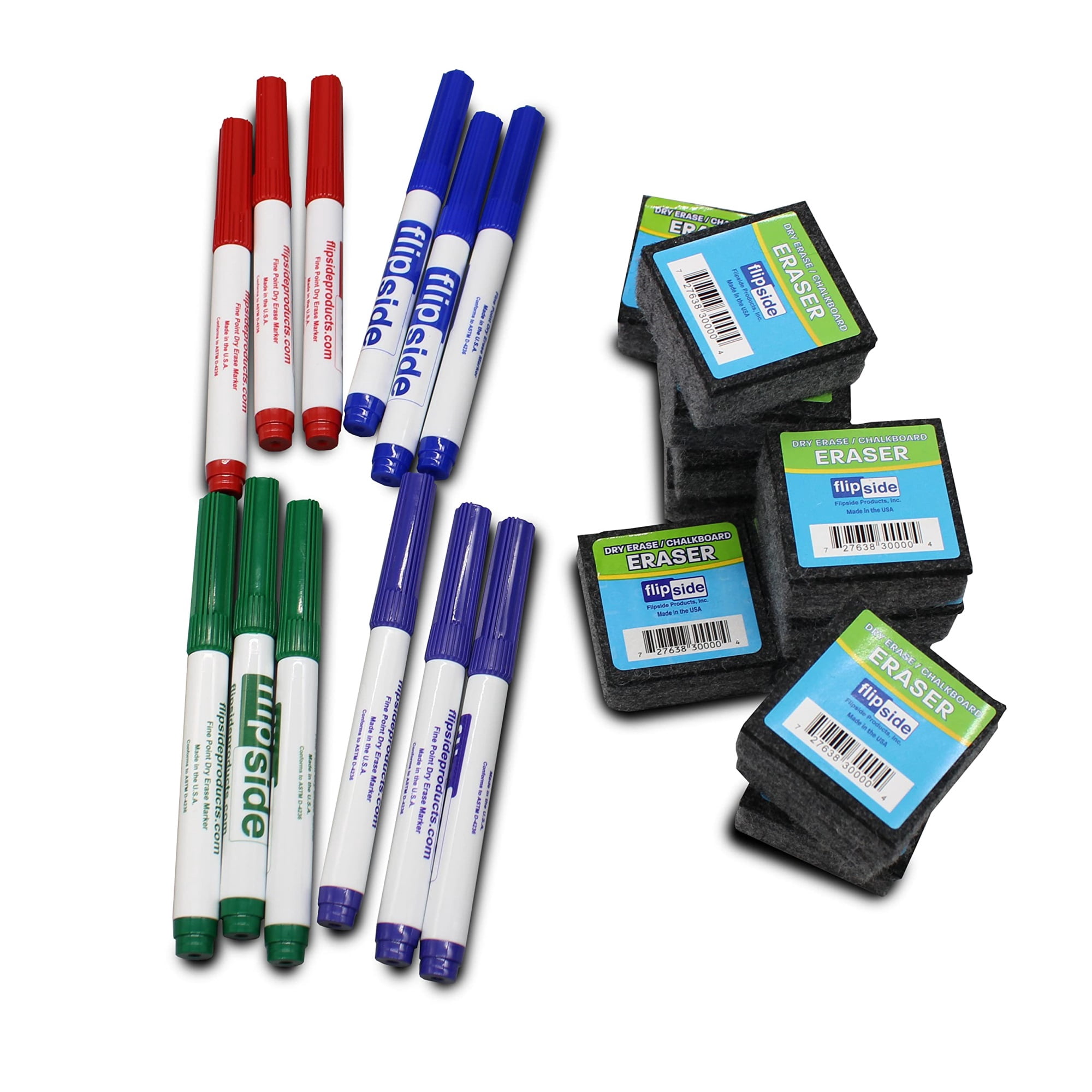 Flipside Products Two-Sided Dry Erase Boards, Red & Blue Ruled/Plain, 9" x 12", with Colored Pens & Student Erasers, Class Pack 12
