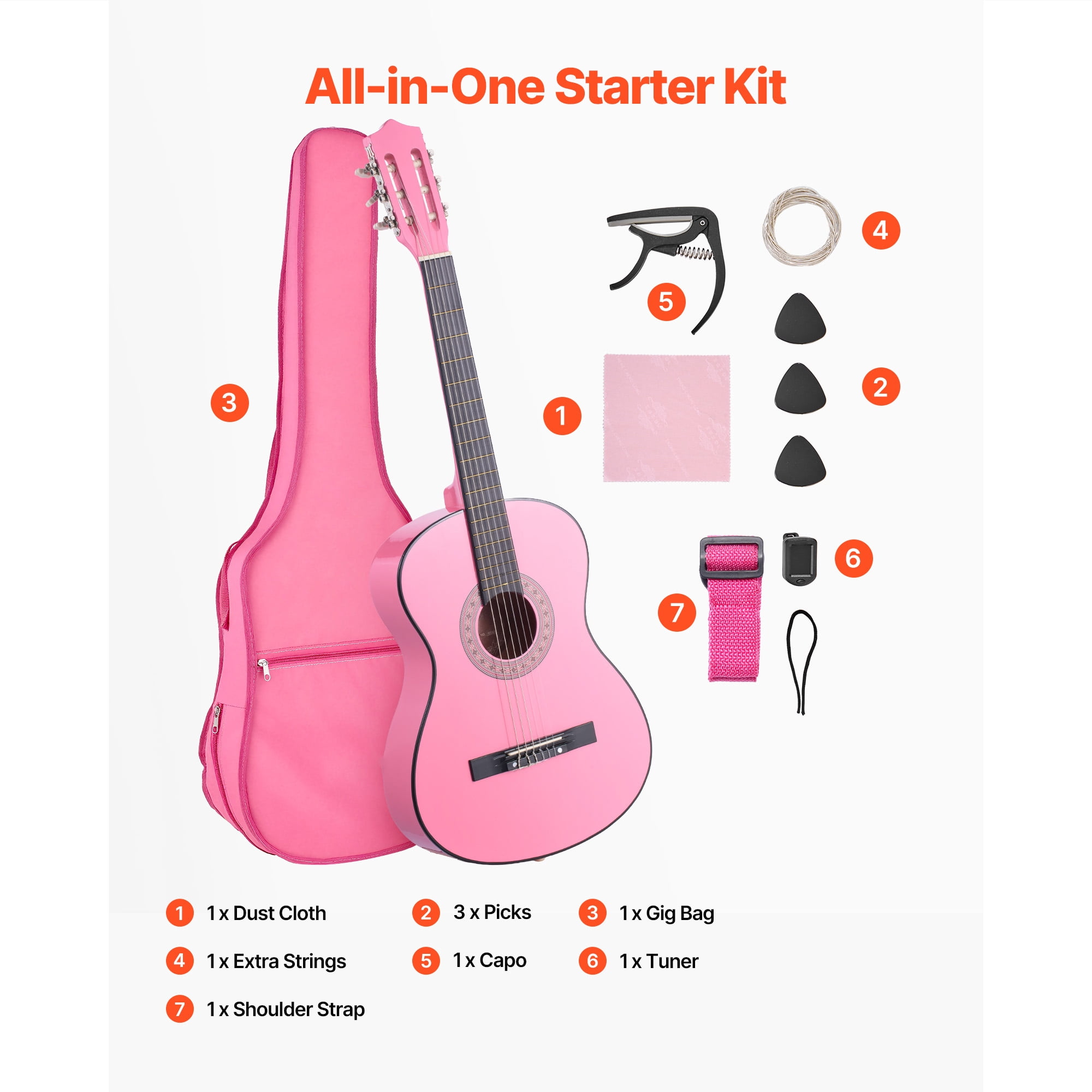 KFFKFF 38-Inch Classical Guitar Starter Kit, Wooden Acoustic Guitar with Nylon Strings, Gig Bag, Strap, Tuner, Extra Strings, Picks, Capo, Ideal for Beginners, Teens, Adults, and Students, Pink