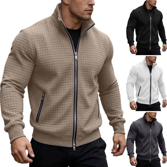 Vetsdori Mens Outdoor T-Shirts Winter Jacket Zipper Long Sleeve Plain Casual Fashion Stylish Tops for Men Stand-up collar