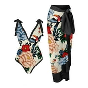 Women One Piece Swimsuit with Matching Cover Ups Floral,One Piece Bathing Suit for Women with Beach Cover up Wrap Skirt Two Piece Swimsuit Sarong Retro Floral Print Bikini Set