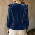 thumbnail image 5 of ClodeEU Women V Neck Ruffle Trim Long Sleeve Velvet Blouse,Casual Elegant Loose Dressy Shirt Dark Blue,Women's Plus XL, 5 of 6