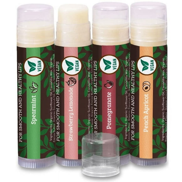 Bálsamo labial vegano de Earths Daughter Bálsamo labial sin cera de abejas, sabores orgánicos naturales, paquete de 4 sabores variados, humectante labial vegano a base de plantas