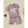 thumbnail image 4 of Musuos Baby Girl 2Pcs Spring Outfits 6 12 18 24M 3T Fuzzy Letter Embroidery Short Sleeve Tops + Shorts Set Toddler Clothes, 4 of 10