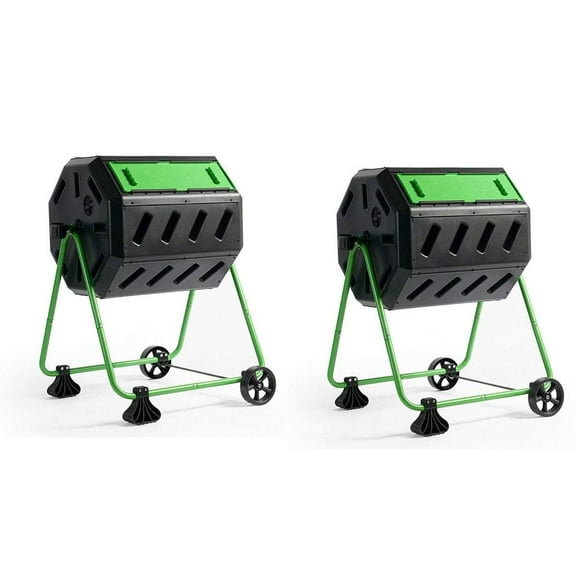 FCMP Outdoor HOTFROG 37 Gallon Dual Chamber Tumbling Composter Bin (2 Pack)