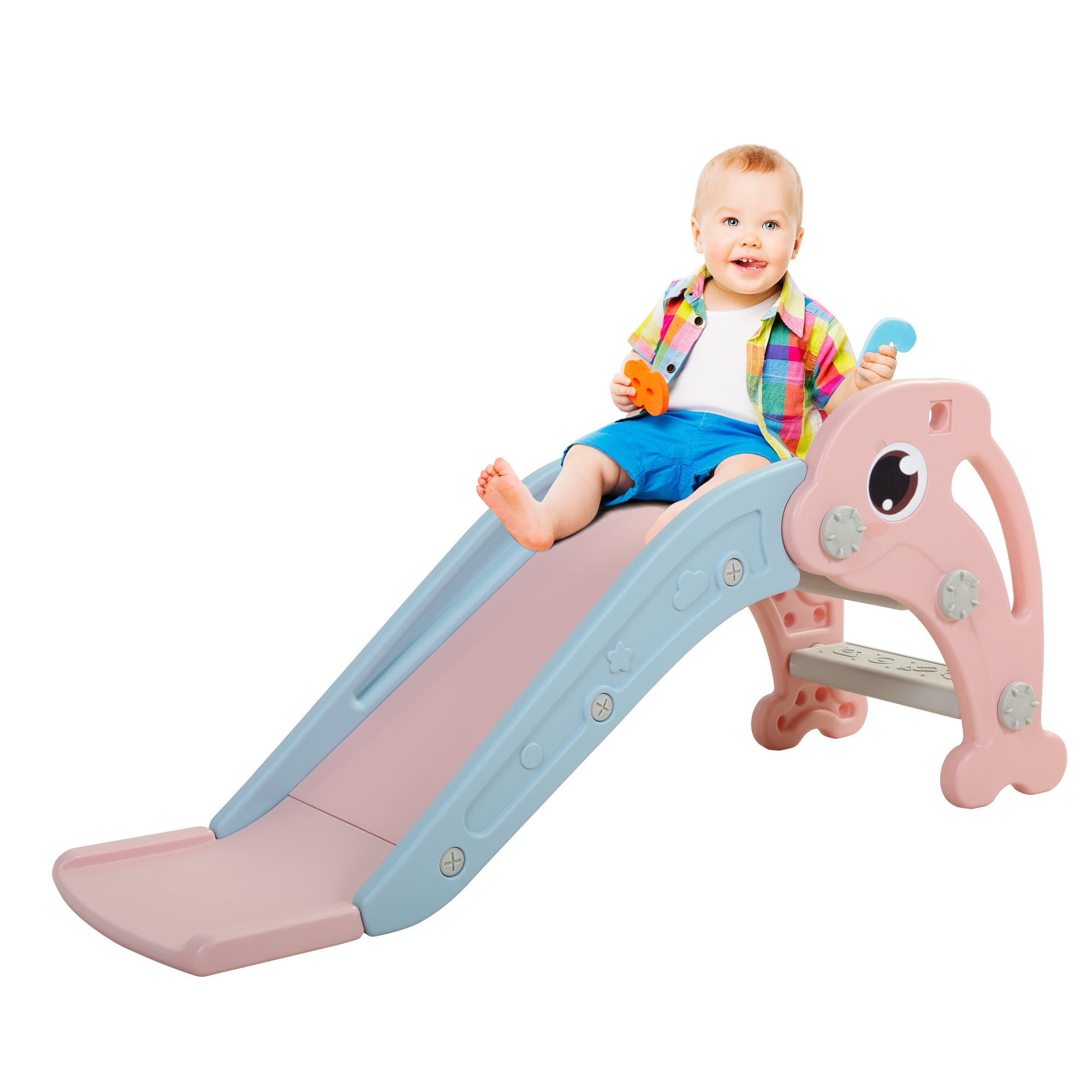 Kadyne 3 in 1 Toddler Slide Kids Slide, 44.5" Dolphins Play Slide for Outdoor and Indoor, Play Slide with Basketball Hoop, Ball and Ladder, Pink