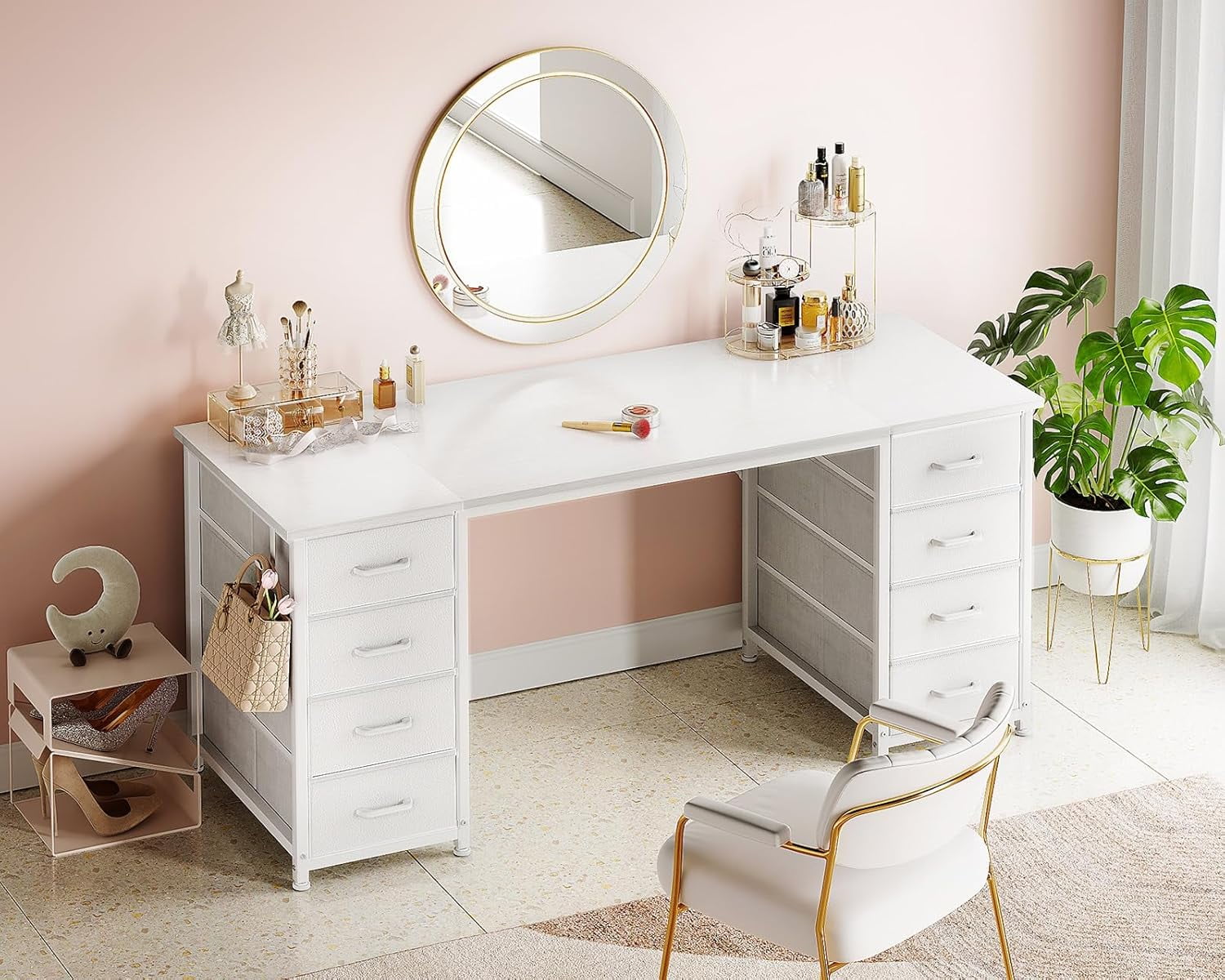 ZYPPP 55 Inch Computer Desk with 8 Fabric Drawers, Modern Office Desk with Large Storage for Home Office, Study, Gaming, White