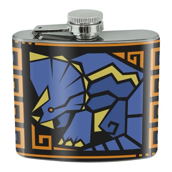 Geometric Triceratops Dinosaur Aztec Mayan Style Stainless Steel 5oz Hip Drink Kidney Flask