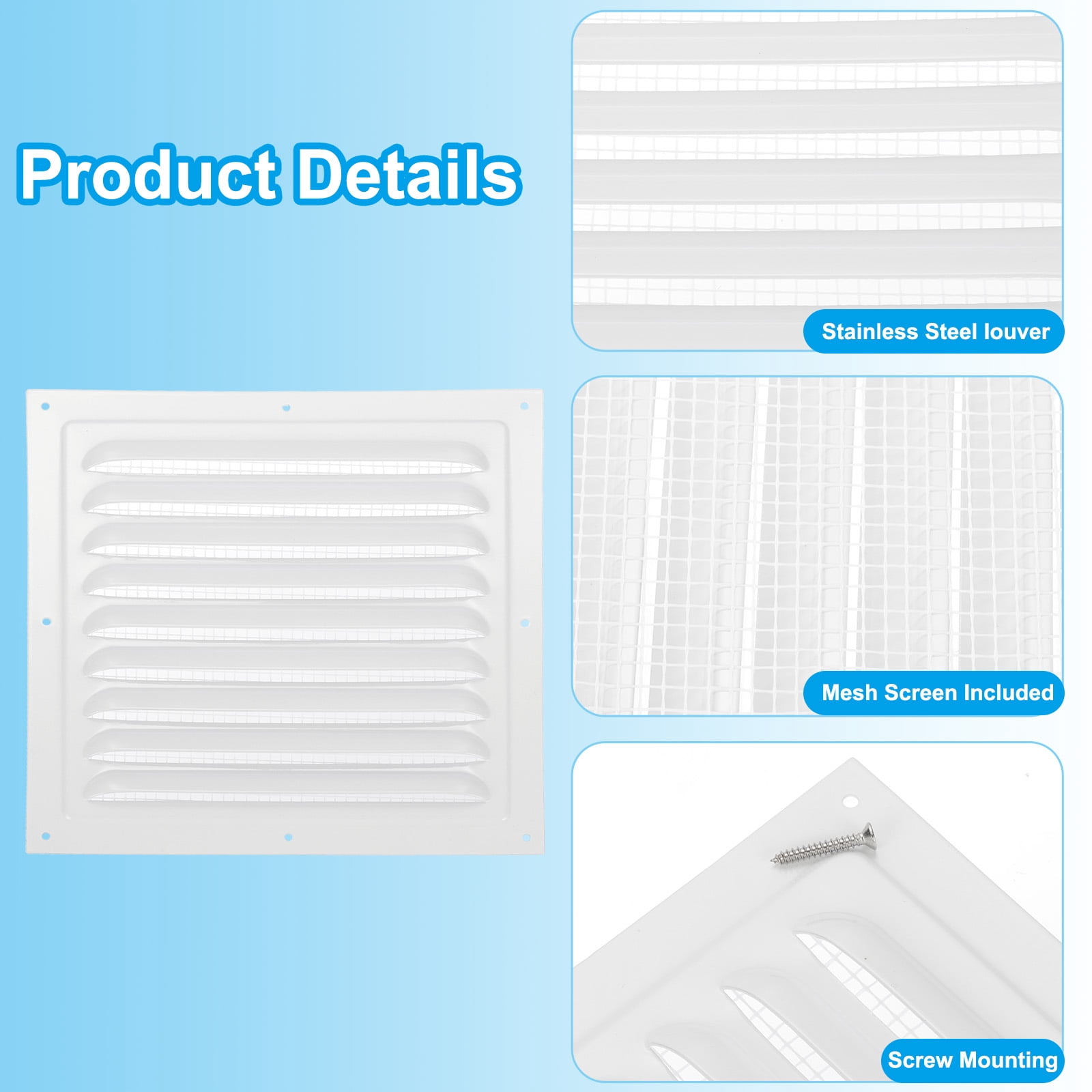 Uxcell 12x12" Gable Vent Cover, Aluminum Alloy Rectangular Floor Air Vent Covers Metal Soffit Return Grille with Screen Mesh and Screw