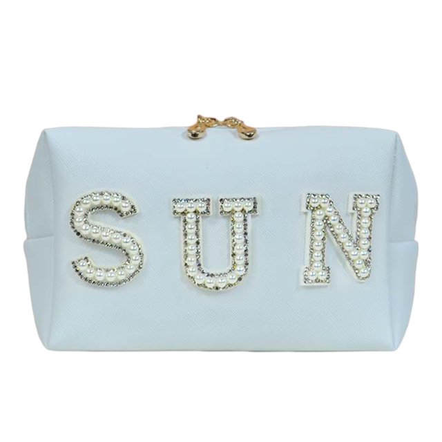 Bolsos de maquillaje de PU Letra de diamantes de imitación de gran capacidad para viajes femeninos (Sol) Tmvgtek Cuidado Belleza